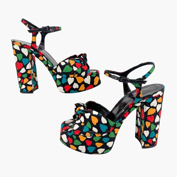 Saint Laurent Bianca Platform Sandals Size 38.5 US 8.5 Multicolor Heart Satin - Picture 7 of 14
